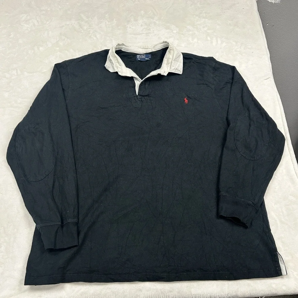 Polo Ralph Lauren Rugby Shirt Mens 3XLT Black Long Sleeve Elbow Patch Pony